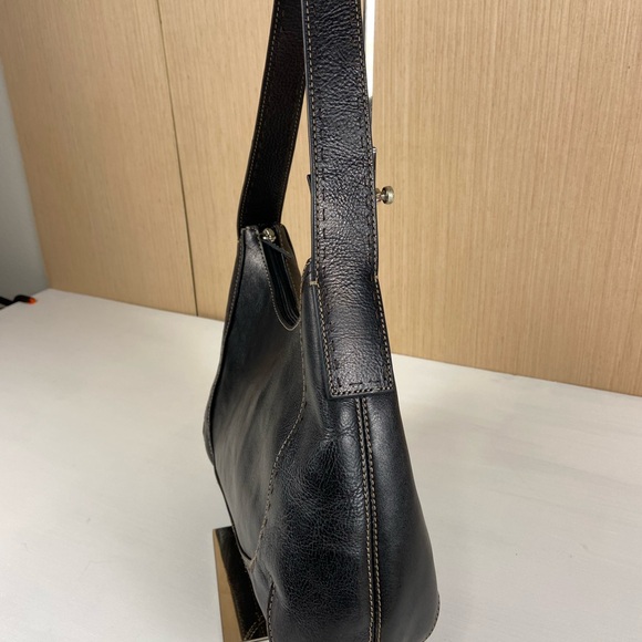 Fossil Black Genuine Leather Shoulder Bag Hobo Purse Zip Top - Picture 3 of 13